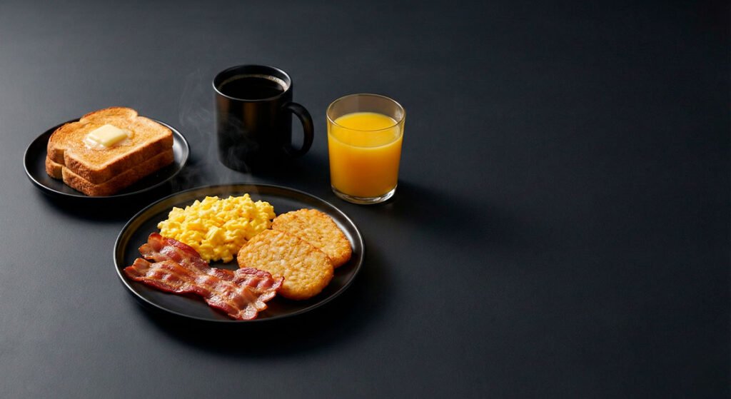 Desayuno americano clásico con proteína, acompañantes y bebidas.