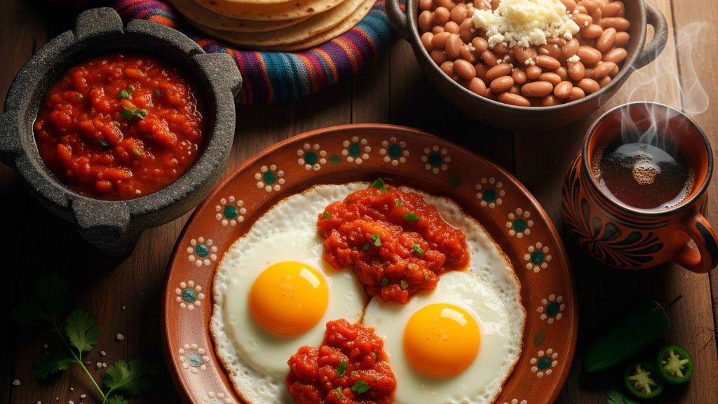 Desayuno mexicano tradicional con huevos, frijoles de olla, tortillas hechas a mano, salsa en molcajete y caf&eacute; de olla en mesa de cocina iluminada por la ma&ntilde;ana.
