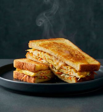 Gilgeori toast coreano con huevo y verduras, cortado