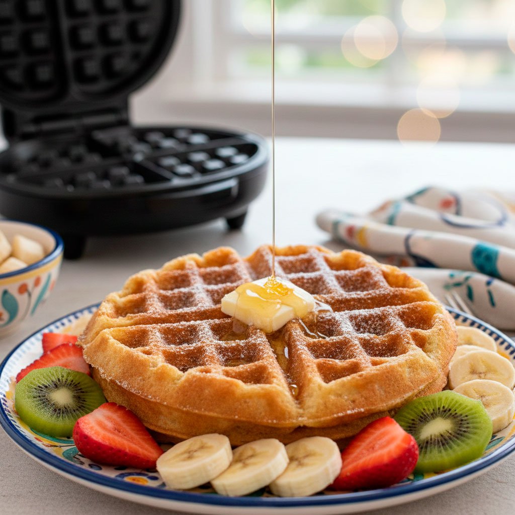 Waffle casero reci&eacute;n hecho en waflera con mantequilla y fruta fresca servido en plato