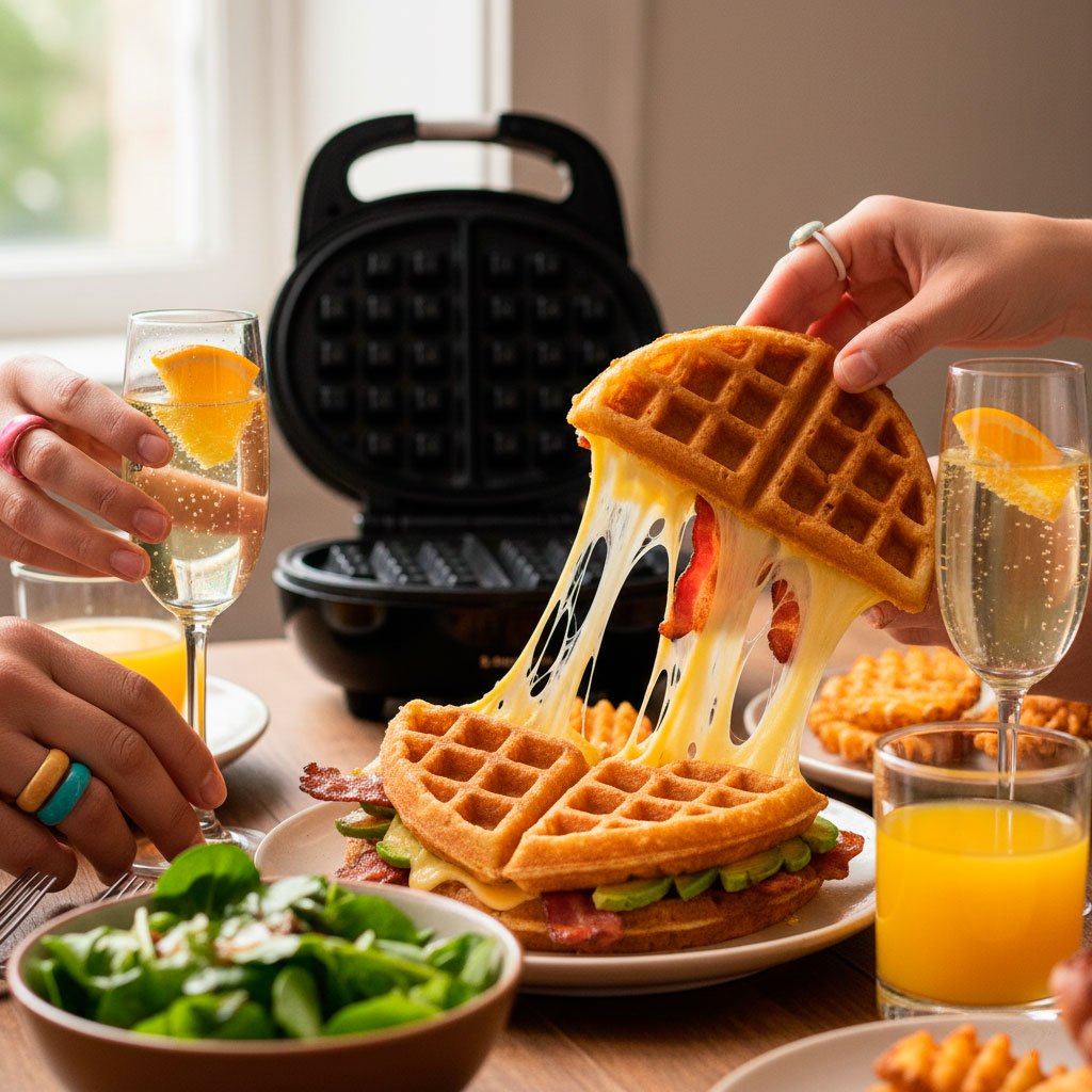 Sandwich salado preparado en waflera con queso derretido, waffle dorado y mesa de desayuno en casa