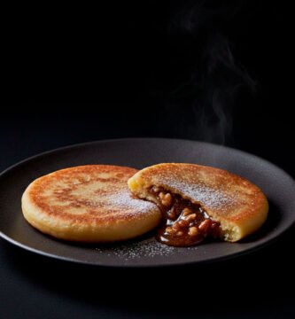 Hotteok coreano, panqueque dulce relleno de azúcar morena y canela, presentado en plato moderno sobre fondo negro editorial.