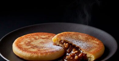 Hotteok coreano, panqueque dulce relleno de azúcar morena y canela, presentado en plato moderno sobre fondo negro editorial.