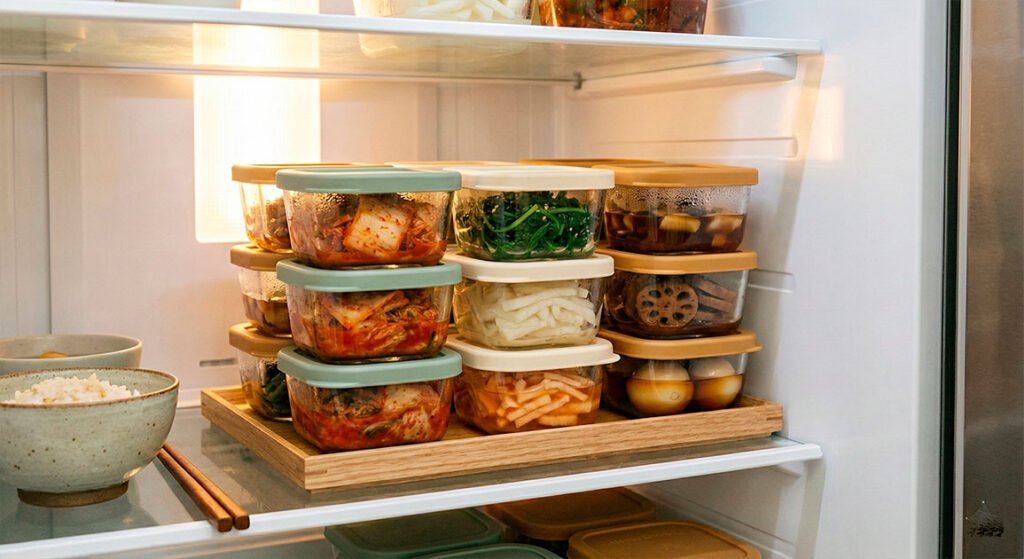 Banchan coreano almacenado correctamente en el refrigerador