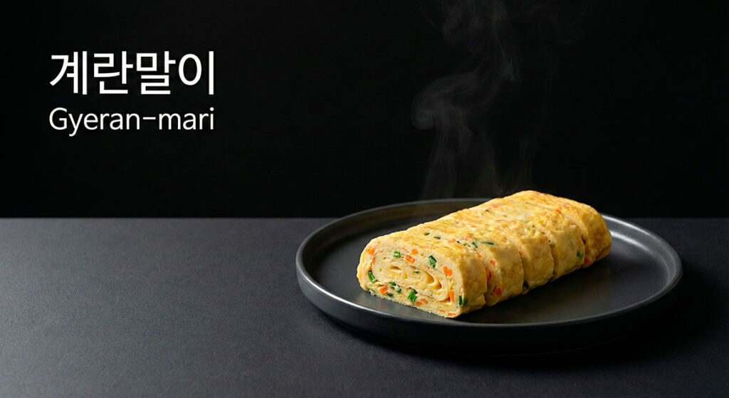 Desayuno coreano tradicional Gyeran-mari (계란말이), tortilla de huevo enrollada, fotografiada en estilo editorial negro minimalista. Imagen horizontal elegante para blog de cocina coreana, con est&eacute;tica moderna y fondo oscuro.