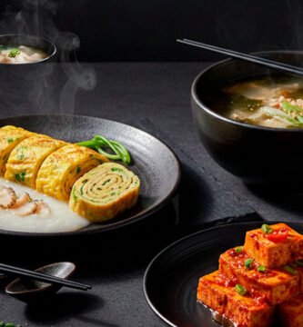 Desayuno en coreano y nombres de platos (Hangul + romanización).