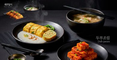 Desayuno en coreano y nombres de platos (Hangul + romanización).