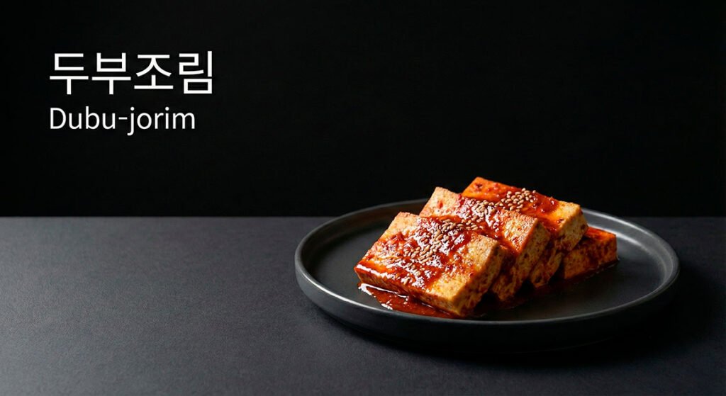 Dubu-jorim 두부조림 servido como desayuno coreano en estilo editorial negro minimalista
