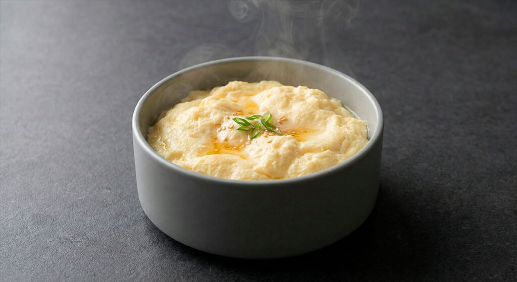 Gyeran-jjim, huevo coreano al vapor con textura suave y esponjosa, servido en bowl de cer&aacute;mica sobre fondo negro editorial.