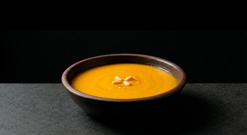 Hobakjuk (호박죽) A smooth bowl of pumpkin porridge garnished with pine nuts and a tiny drizzle of honey.
