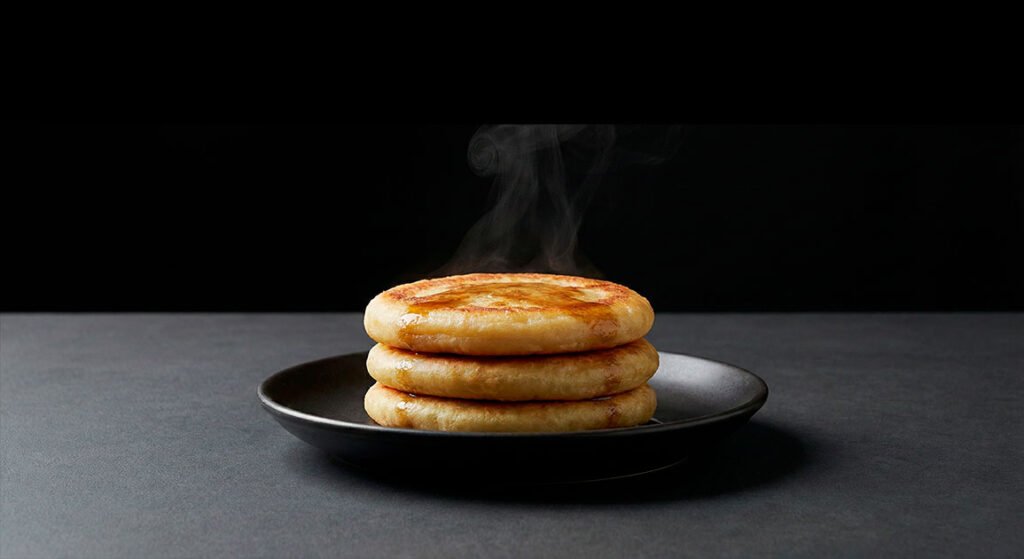 Hotteok (호떡) A stack of warm, sweet pancakes with a gentle wisp of steam and a light sugar glaze.