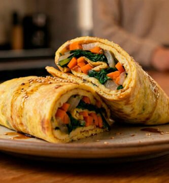 Wrap coreano de huevo y verduras, desayuno portátil preparado en cocina moderna de Zapopan